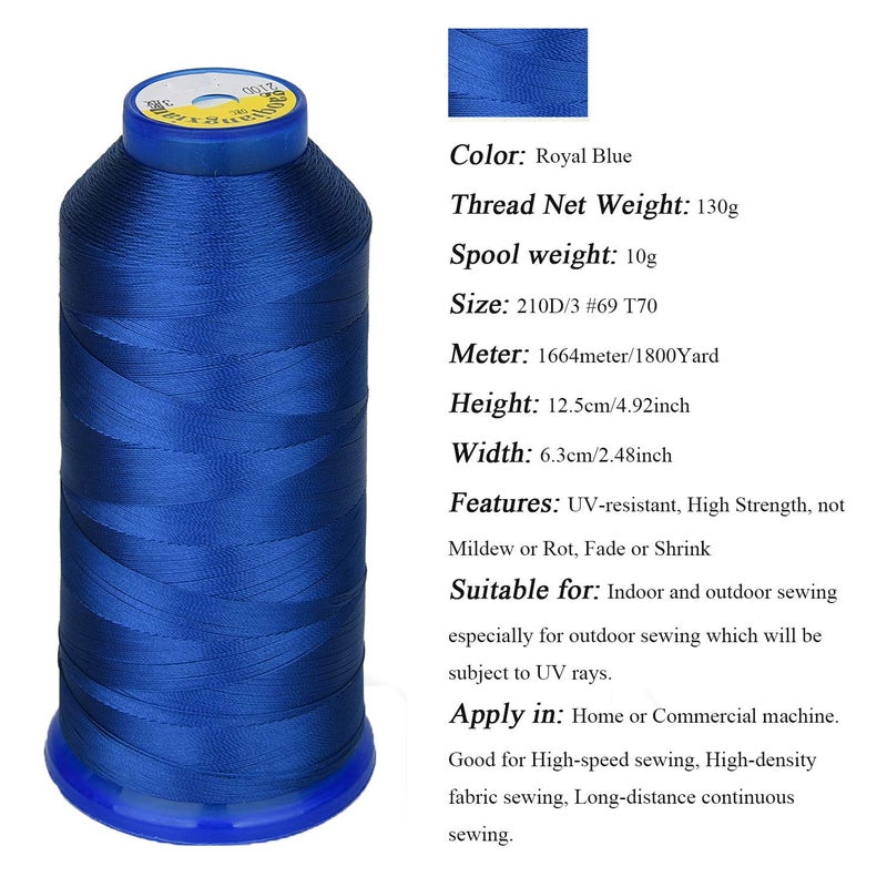 pestor Heavy Duty Thread 1800Yards Size T70#69 210D/3 All Purpose High Strength Polyester Sewing Thread for Weaves, Upholstery, Jeans and Weaving Hair, Drapery, Beading, Purses, Leather (Royal Blue) - Image 3